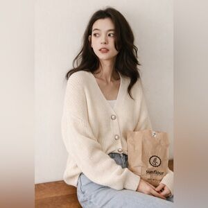 Cinq à Sept Palmer Pearl Button Cardigan Ivory V-Neck Rib Knit XL NWOT